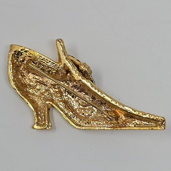 Vintage Gold Tone Rhinestone High Heel Shoe Brooch Baroque Victorian Slipper Pin - Picture 11 of 14